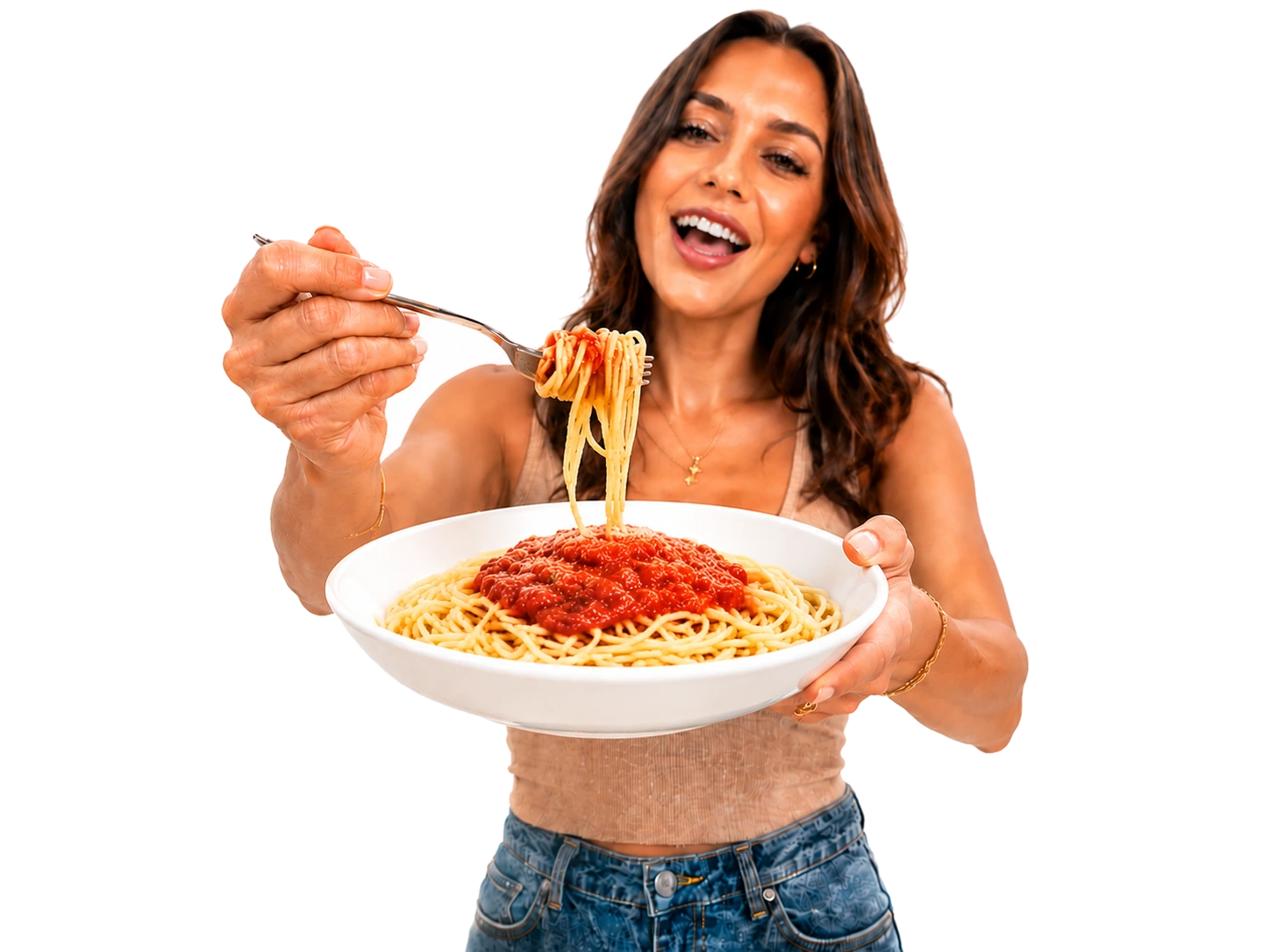 Woman enjoying a plate of spaghetti with Nada Mato pasta sauce