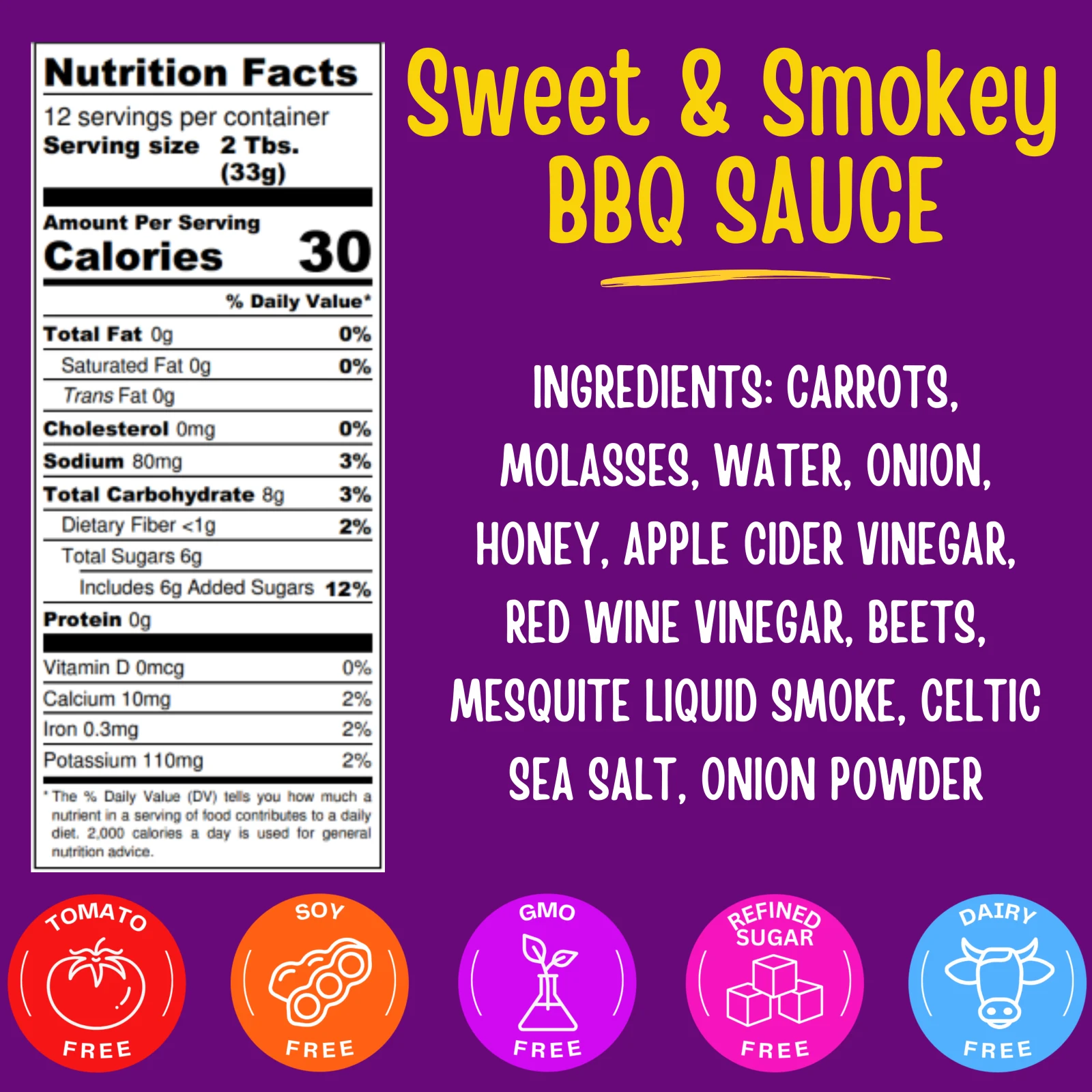 Nutrition facts and ingredient panel for Nada Mato Sweet and Smokey BBQ Sauce