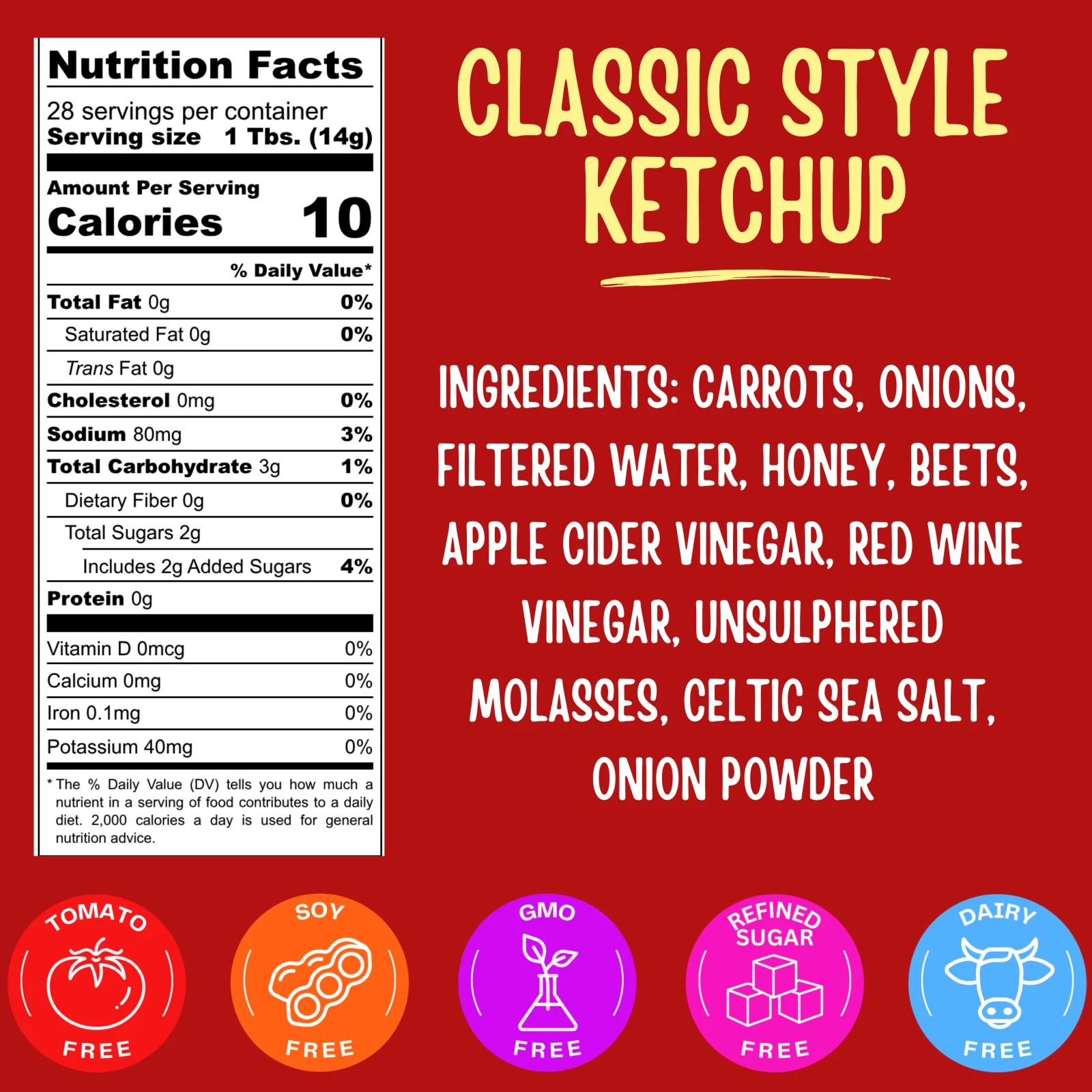 Nutrition facts and ingredient panel for Nada Mato Classic Style Ketchup