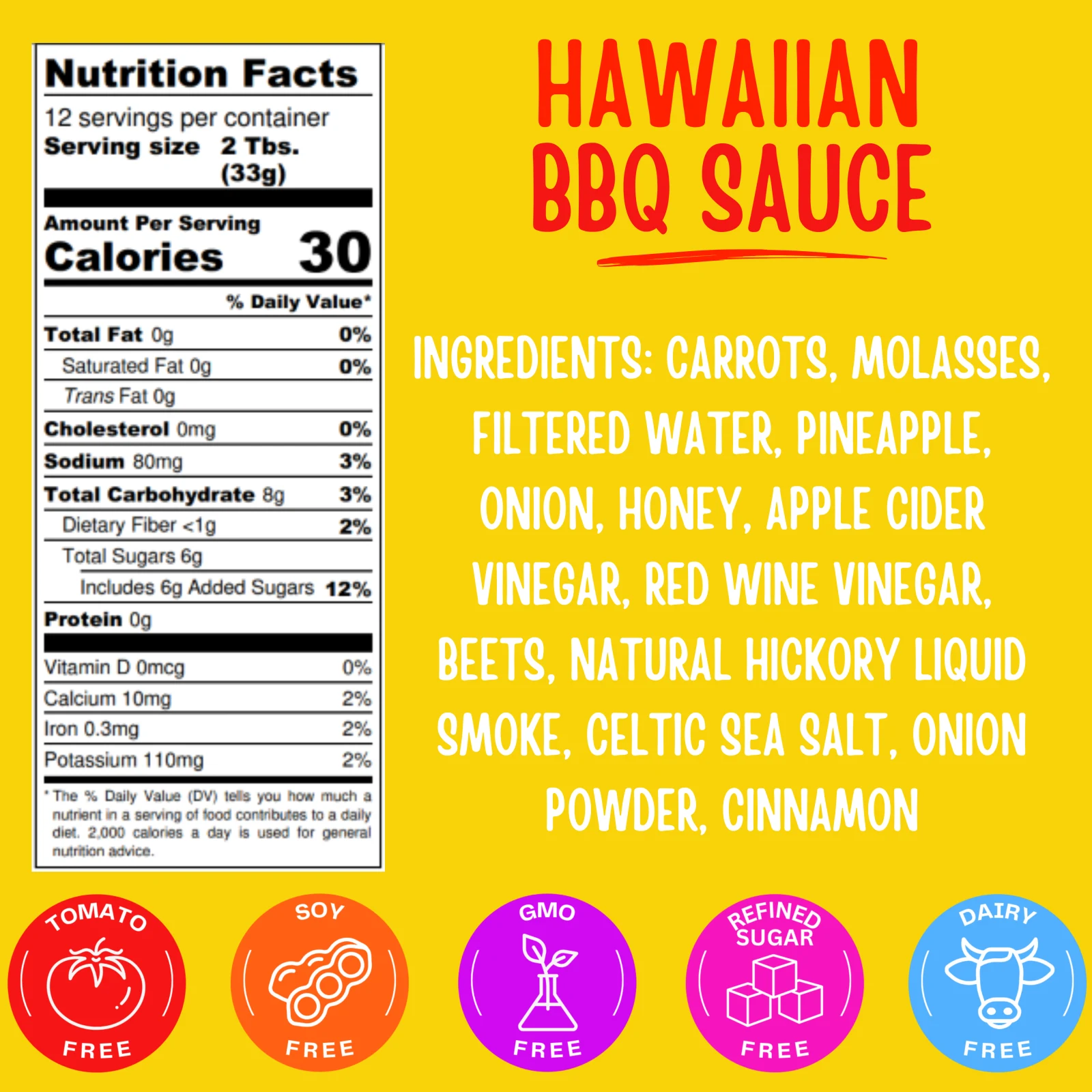 Nutrition facts and ingredient panel for Nada Mato Hawaiian BBQ Sauce