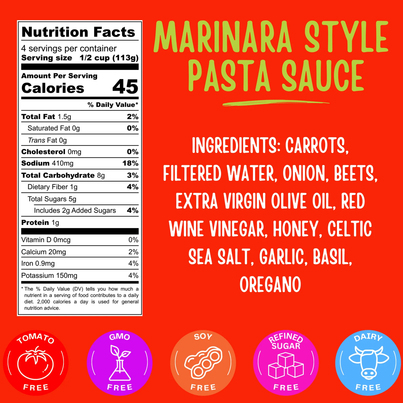 Nutrition facts and ingredient panel for Nada Mato Marinara Style Pasta Sauce